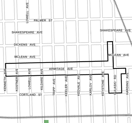 Armitage/Pulaski TIF district, roughly bounded on the north by Dickens Avenue, Cortland Street on the south, Harding Avenue on the east, and Kenneth Avenue on the west.